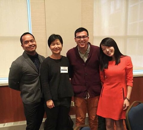 An image of the award recipients and Dr. Soo Ah Kwon. Left to right: Mike Atienza, Soo Ah Kwon, Mark Sanchez, Ga Young Chung