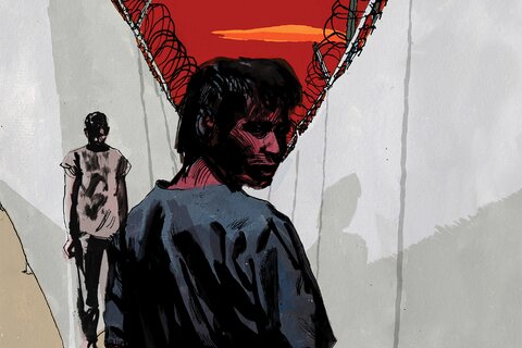 A crop of the cover of Rightlessness. A man stands between two high gray walls topped with barbed wire, turning to look back at the viewer. Another man stands beyond him, his eyes to the ground. The sky is a deep red.