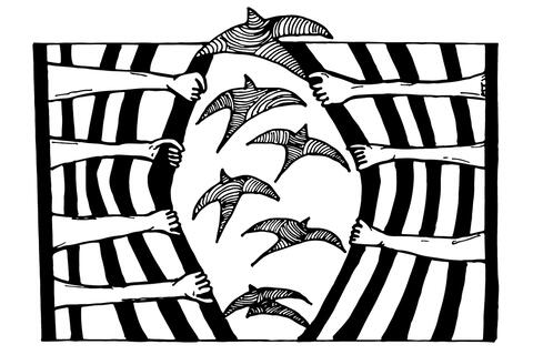 A black and white illustration. Hands reach out from both sides of the image, prying apart iron bars and setting a flock of birds free.