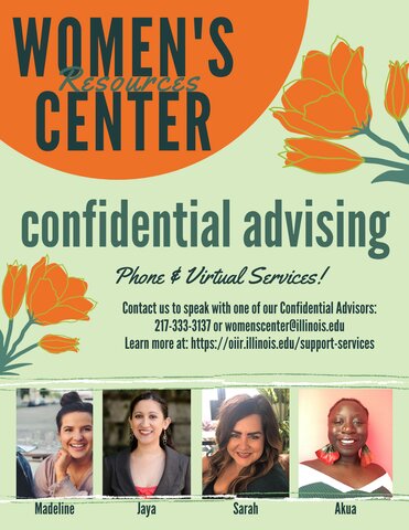 A green poster with orange flowers. Four photos along the bottom show the available advisors: Madeline, Jaya, Sarah, and Akua.