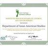 An image of the iSEE certificate. Text reads: "Gold Certified Green Office. Institute for Sustainability, Energy, and Environment recognizes Department of Asian American Studies for achieving gold level standards in the Certified Green Office Program and promoting sustainable office practices and reducing the campus carbon footprint. Awarded this Earth Day (22nd April) 2015."