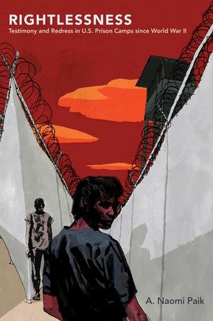 A book cover. A man stands between two tall, gray walls, turning to look back at the viewer, while another man stands despondently in the background. The sky overhead is dark red, with orange clouds. A watchtower looms overhead. Text reads: "Rightlessness: Testimony and Redress in U.S. Prison Camps Since WWII." Author A. Naomi Paik.