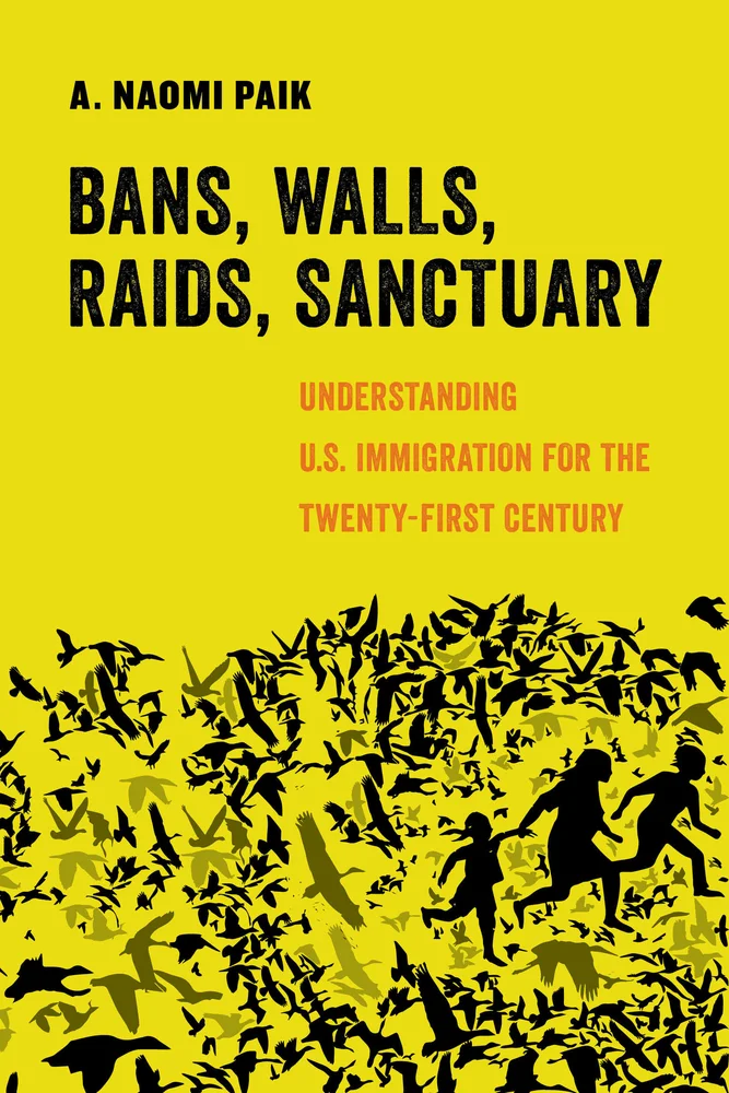 A yellow book cover featuring a flock of birds surrounding a running family.