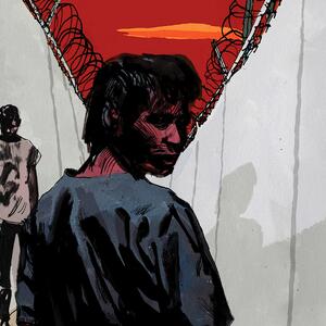 A crop of the cover of Rightlessness. A man stands between two high gray walls topped with barbed wire, turning to look back at the viewer. Another man stands beyond him, his eyes to the ground. The sky is a deep red.