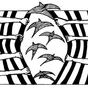 A black and white illustration. Hands reach out from both sides of the image, prying apart iron bars and setting a flock of birds free.